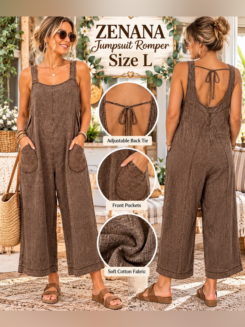 ZENANA Woven Tie Back Suspender Jumpsuit Brown Large - Picture 3 of 3